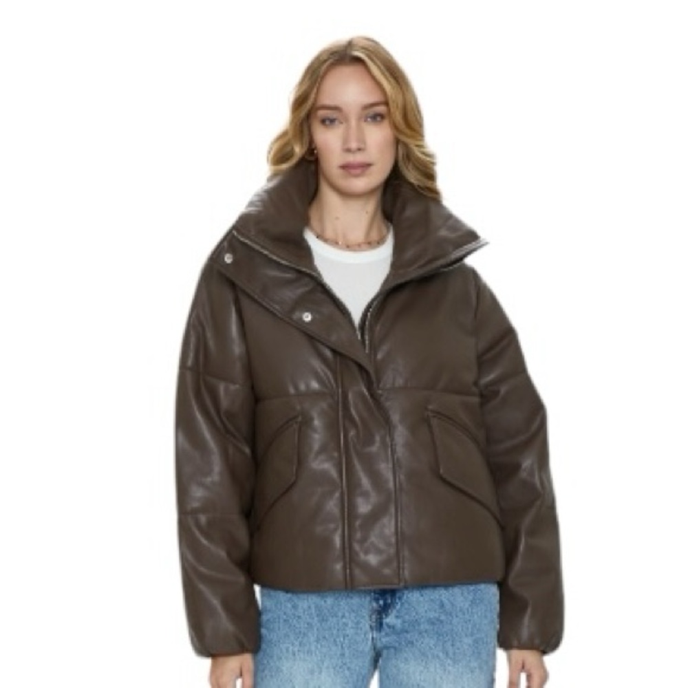 Pistols medium cocoa brown vegan leather winter puffer oversized with pockets